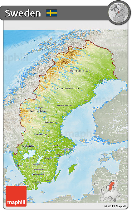 Physical 3D Map of Sweden, lighten, semi-desaturated, land only