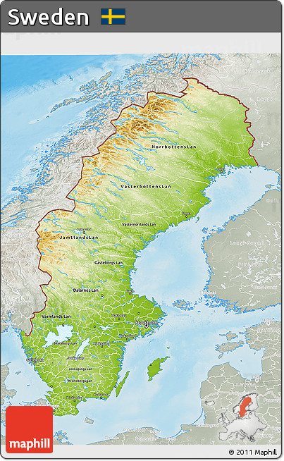 Physical 3D Map of Sweden, lighten, semi-desaturated, land only