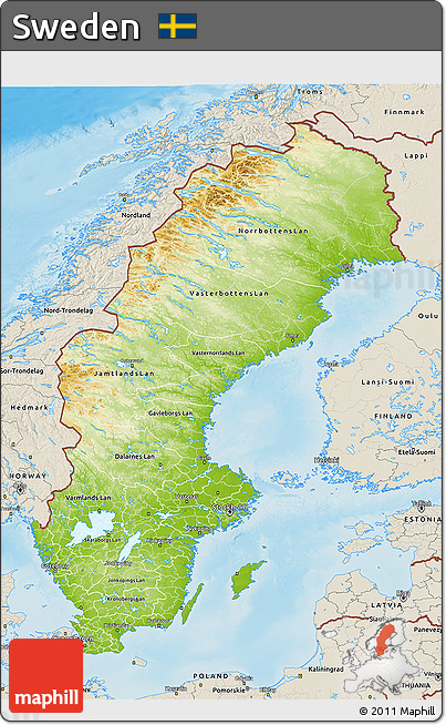 Physical 3D Map of Sweden, shaded relief outside