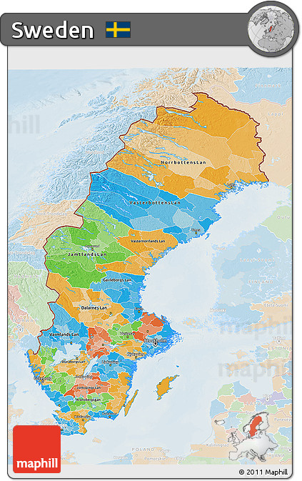 Political 3D Map of Sweden, lighten