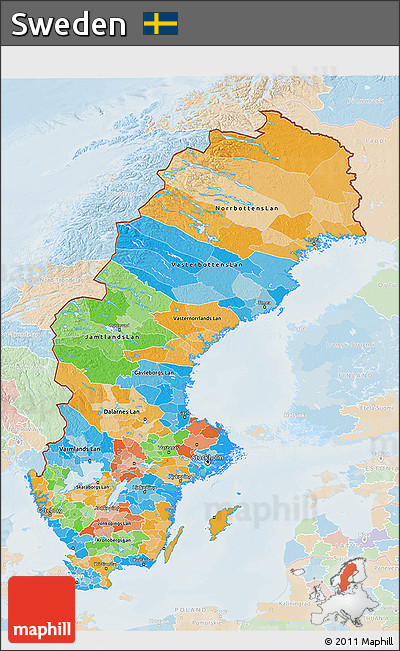 Political 3D Map of Sweden, lighten