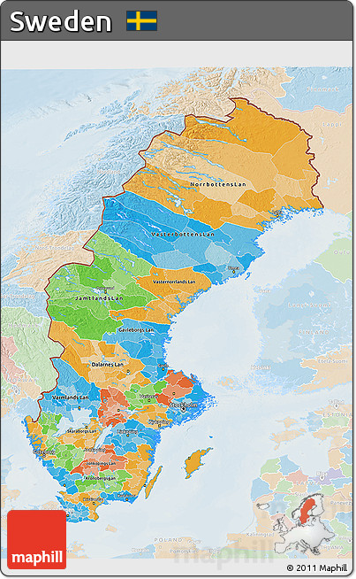 Political 3D Map of Sweden, lighten