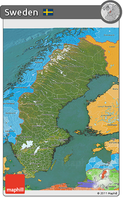 Satellite 3D Map of Sweden, political shades outside, satellite sea