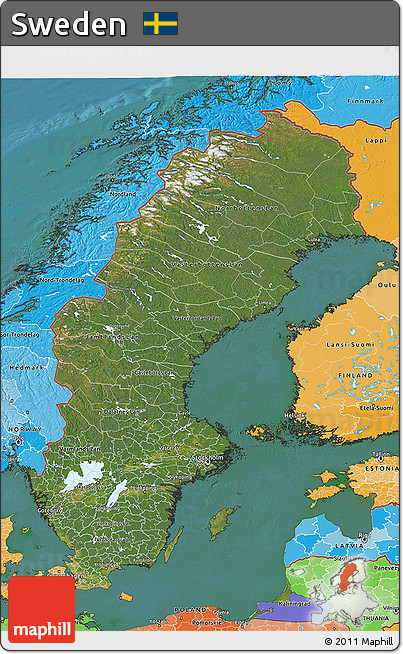 Satellite 3D Map of Sweden, political shades outside, satellite sea