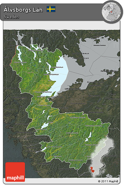 Satellite 3D Map of Álvsborgs Län, darken, semi-desaturated