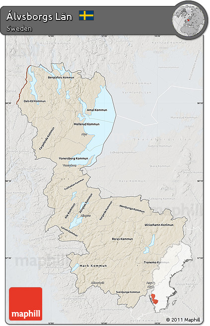 Shaded Relief Map of Álvsborgs Län, lighten, semi-desaturated
