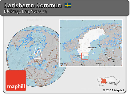 Gray Location Map of Karlshamn Kommun, highlighted country, within the entire country, hill shading