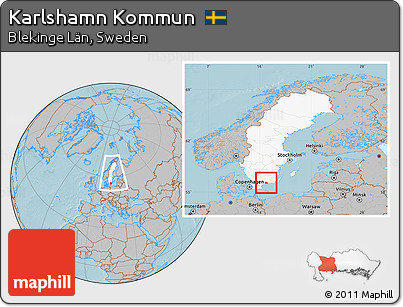 Gray Location Map of Karlshamn Kommun, highlighted country, within the entire country, hill shading