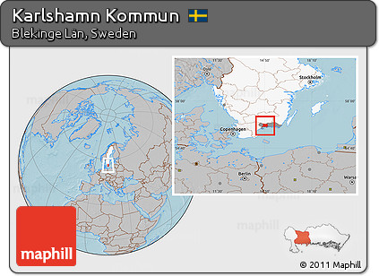 Gray Location Map of Karlshamn Kommun, highlighted country, highlighted parent region, hill shading