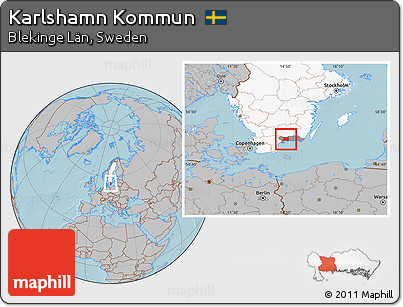 Gray Location Map of Karlshamn Kommun, highlighted country, highlighted parent region, hill shading