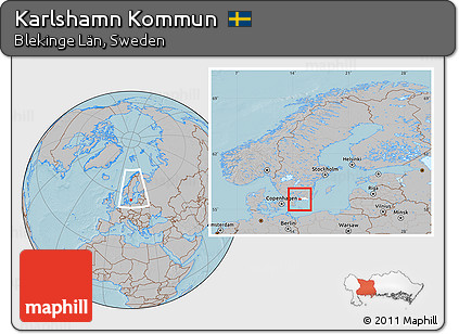 Gray Location Map of Karlshamn Kommun, highlighted parent region, within the entire country, hill shading