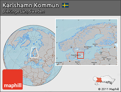 Gray Location Map of Karlshamn Kommun, highlighted parent region, within the entire country, hill shading