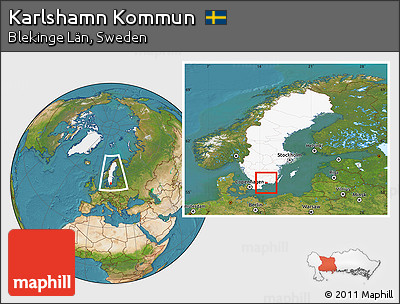 Satellite Location Map of Karlshamn Kommun, highlighted country, within the entire country