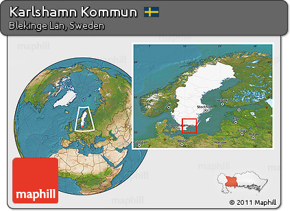 Satellite Location Map of Karlshamn Kommun, highlighted country, highlighted parent region, within the entire country