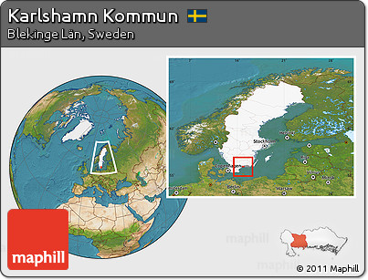Satellite Location Map of Karlshamn Kommun, highlighted country, highlighted parent region, within the entire country