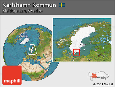 Satellite Location Map of Karlshamn Kommun, highlighted country, highlighted parent region, within the entire country