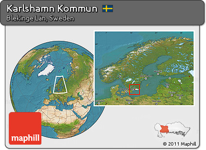 Satellite Location Map of Karlshamn Kommun, highlighted parent region, within the entire country