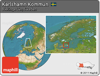 Satellite Location Map of Karlshamn Kommun, highlighted parent region, within the entire country