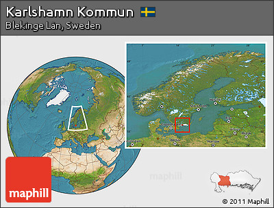 Satellite Location Map of Karlshamn Kommun, highlighted parent region, within the entire country