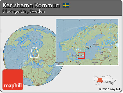Savanna Style Location Map of Karlshamn Kommun, highlighted parent region, within the entire country, hill shading