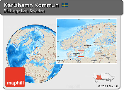 Shaded Relief Location Map of Karlshamn Kommun, highlighted parent region, within the entire country
