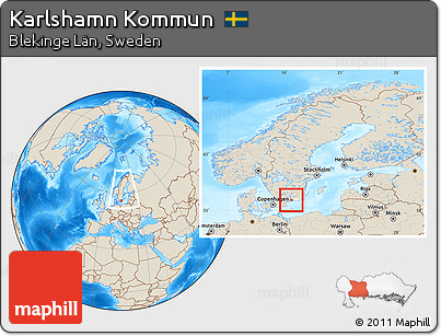 Shaded Relief Location Map of Karlshamn Kommun, highlighted parent region, within the entire country