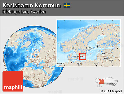 Shaded Relief Location Map of Karlshamn Kommun, highlighted parent region, within the entire country