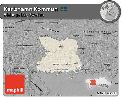Shaded Relief Map of Karlshamn Kommun, darken, desaturated