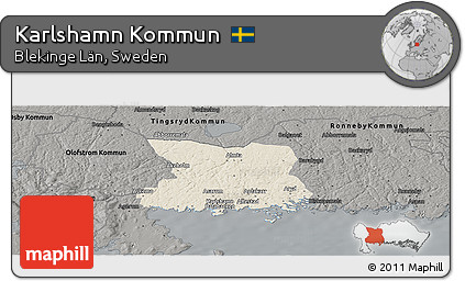 Shaded Relief Panoramic Map of Karlshamn Kommun, darken, semi-desaturated