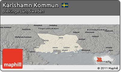 Shaded Relief Panoramic Map of Karlshamn Kommun, darken, semi-desaturated