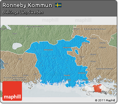 Political 3D Map of Ronneby Kommun, semi-desaturated