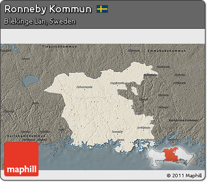Shaded Relief 3D Map of Ronneby Kommun, darken