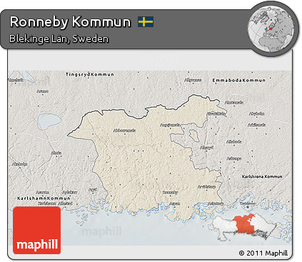 Shaded Relief 3D Map of Ronneby Kommun, semi-desaturated