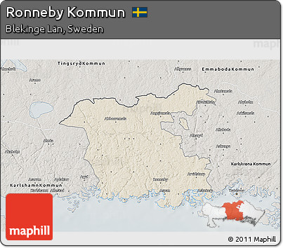 Shaded Relief 3D Map of Ronneby Kommun, semi-desaturated
