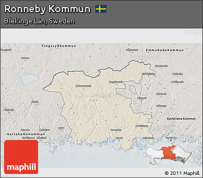Shaded Relief 3D Map of Ronneby Kommun, semi-desaturated