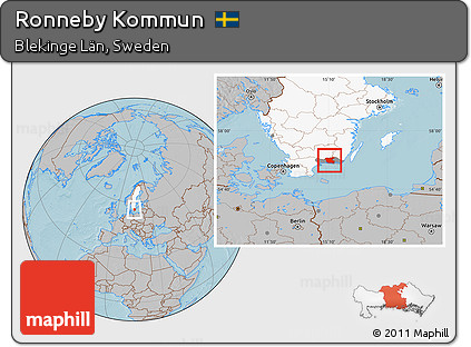 Gray Location Map of Ronneby Kommun, highlighted country, highlighted parent region, hill shading