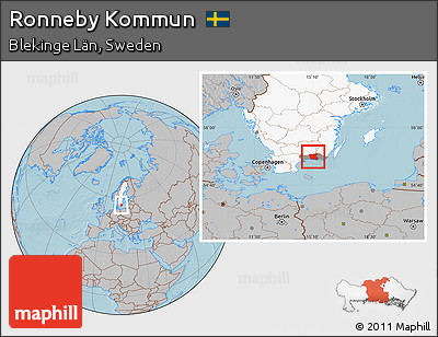 Gray Location Map of Ronneby Kommun, highlighted country, highlighted parent region, hill shading