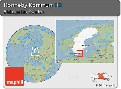 Savanna Style Location Map of Ronneby Kommun, highlighted country, highlighted parent region, within the entire country, hill shading