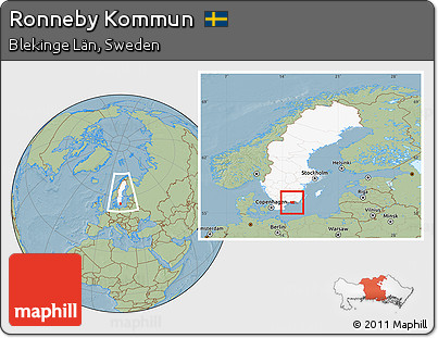 Savanna Style Location Map of Ronneby Kommun, highlighted country, highlighted parent region, within the entire country, hill shading