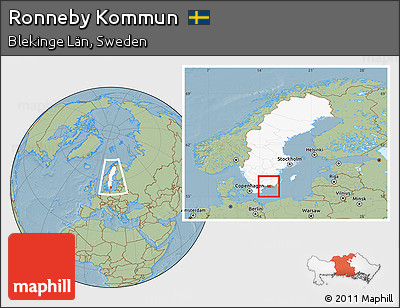Savanna Style Location Map of Ronneby Kommun, highlighted country, highlighted parent region, within the entire country, hill shading