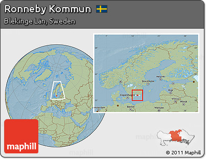 Savanna Style Location Map of Ronneby Kommun, highlighted parent region, within the entire country, hill shading