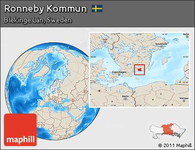 Shaded Relief Location Map of Ronneby Kommun, highlighted parent region