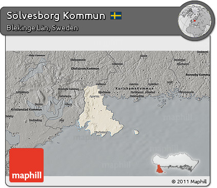 Shaded Relief 3D Map of Sölvesborg Kommun, darken, semi-desaturated