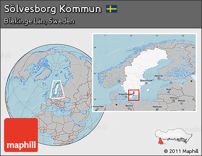 Gray Location Map of Sölvesborg Kommun, highlighted country, within the entire country, hill shading