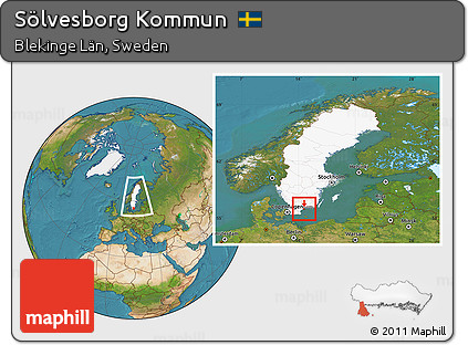 Satellite Location Map of Sölvesborg Kommun, highlighted country, highlighted parent region, within the entire country