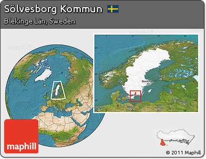Satellite Location Map of Sölvesborg Kommun, highlighted country, highlighted parent region, within the entire country