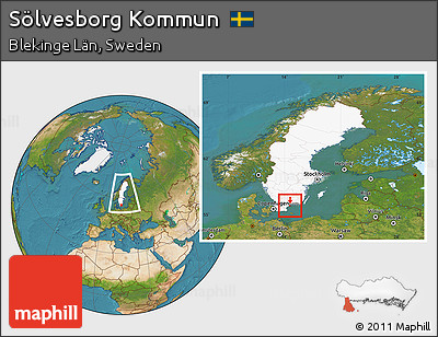 Satellite Location Map of Sölvesborg Kommun, highlighted country, highlighted parent region, within the entire country