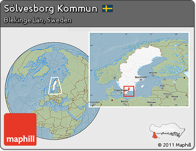 Savanna Style Location Map of Sölvesborg Kommun, highlighted country, within the entire country, hill shading
