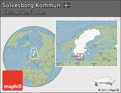 Savanna Style Location Map of Sölvesborg Kommun, highlighted country, within the entire country, hill shading
