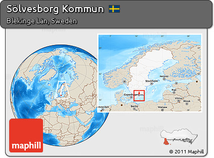 Shaded Relief Location Map of Sölvesborg Kommun, highlighted country, highlighted parent region, within the entire country